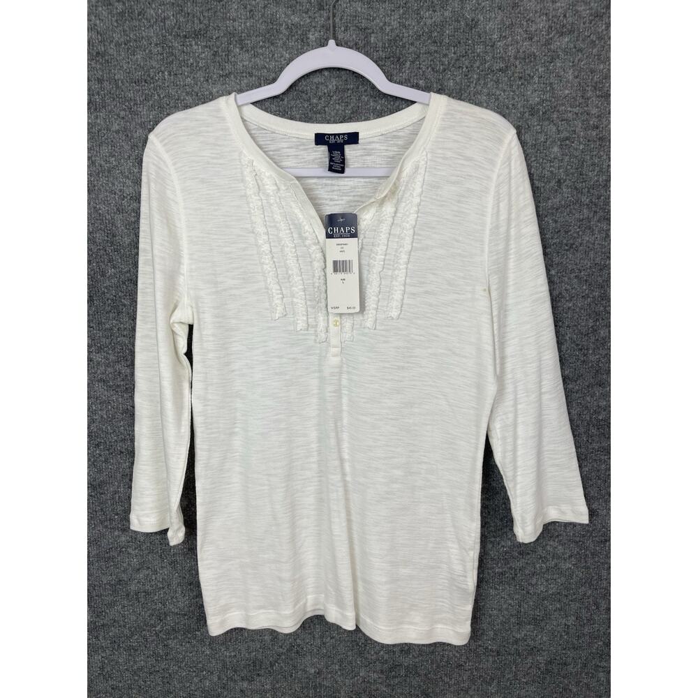 Chaps White Knit Top Women's Small, 3/4 Length Sleeve, and‎ Henley Ruffle Cotton